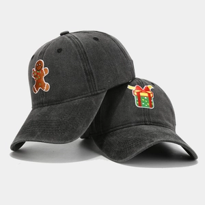 Vintage washed cotton baseball caps with Christmas gingerbread man and gift box embroidery