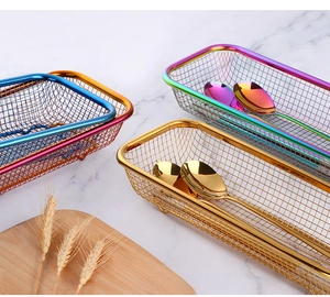 Close-up of titanium plated stainless steel mesh baskets in rainbow and gold finishes