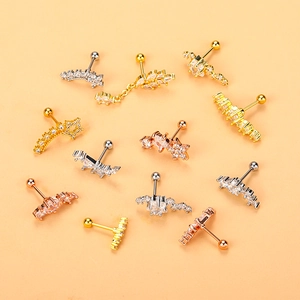 Set of 11 stainless steel cartilage earrings with stars and cubic zirconia stones