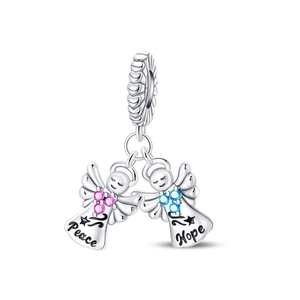 Detailed close-up of Peace and Hope twin angel charms with pink and blue zircons