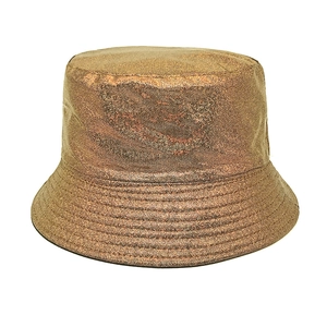 Detail of metallic golden bucket hat with shimmering fabric and stitched brim design