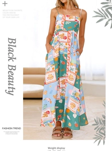 Detailed macro view of tropical flamingo print and pocket detail on a long maxi dress