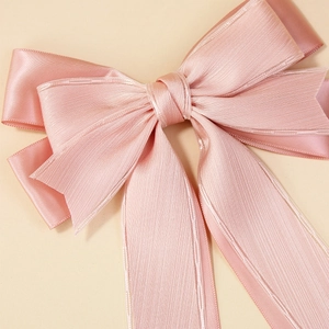 Handmade pink double layer satin ribbon bow hair clip with elegant glossy finish