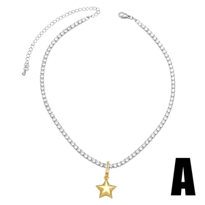 Star pendant necklace with silver tennis chain and gold-plated heart-star zircon inlay
