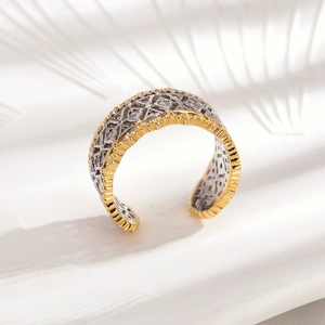 Italian vintage hollow honeycomb bicolor 18k gold plated open ring with cubic zirconia