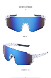 Front and 45-degree side view of white ink dot sports sunglasses with blue coated lenses