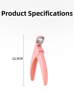 Pink U-shaped nail tip clipper dimensions showing 12.5cm height and 6.7cm width detail
