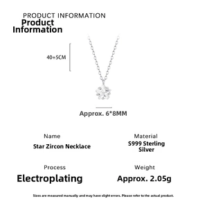 Detailed specs of S999 silver star zircon necklace with 40+5cm chain and 6x8mm pendant