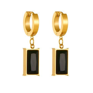 Golden stainless steel drop earrings featuring polished black square geometric gemstones