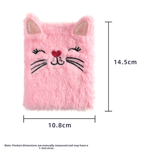Pink plush cat notebook detail showing dimensions 14.5cm by 10.8cm with cute embroidery