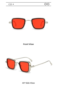 Detailed view of silver metal square sunglasses with red lenses and double-frame structure
