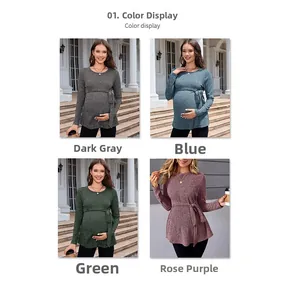 Four colors of knit maternity sweaters featuring crew necks and adjustable waist belts