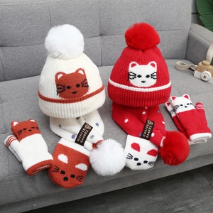 Kids winter knit set including warm hat, scarf, and gloves with cute cat patterns