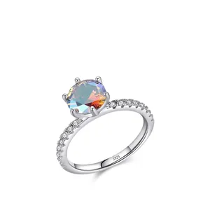 Luxurious S925 sterling silver ring with a large rainbow zircon in a six-prong setting