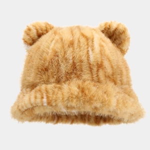 Cute plush tiger stripe bucket hat with bear ears for warm winter thermal protection