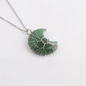 Silver tree of life wire wrapped green aventurine moon pendant necklace for women