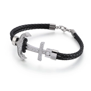 Bracelet pour homme en cuir tressé noir avec ancre argentée et pierres de zircon blanc
