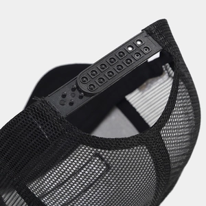 Detail view of the adjustable black snapback closure and breathable mesh of the baseball cap