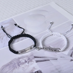 Couples braided bracelet set with magnetic heart clasp and His Queen Her King engraving