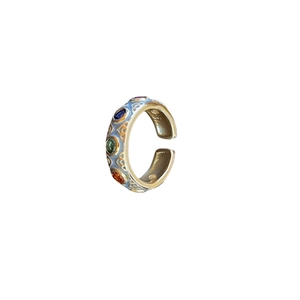 Baroque enamel open ring in gold with colorful gemstones and vintage floral patterns