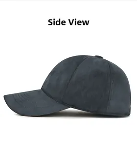 Side angle view of winter baseball cap made of premium dark grey velvet velvet fabric