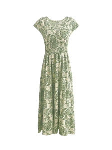 Detail of V-neckline and retro damask print on cream-colored short sleeve maxi dress