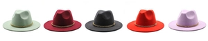 Row of wide brim wool fedora hats in various colors featuring decorative gold chains