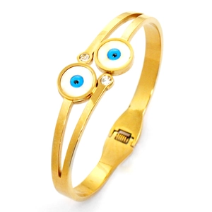 Golden double-circle evil eye stainless steel spring open bangle with blue enamel and zircon