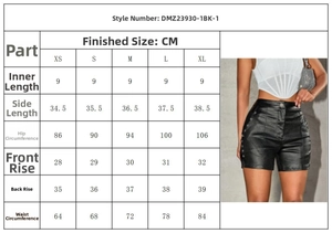Tableau des tailles détaillé pour short en cuir PU noir incluant taille et hanches