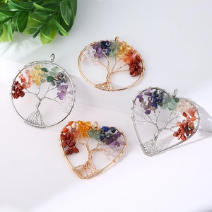 Handmade life tree wire wrapped crystal pendants in round and heart shapes with colorful stones