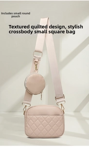 Close-up of diamond-quilted beige crossbody bag featuring a detachable mini round pouch