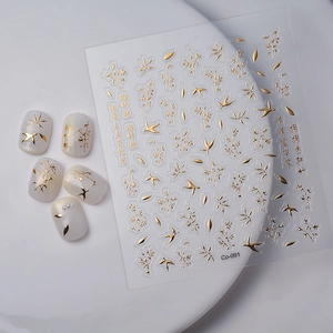 5D gold foil embossed bamboo nail art stickers with traditional Chinese ink style design