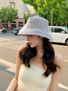Detail view of white sun hat featuring elegant mesh bow decoration and pleated texture