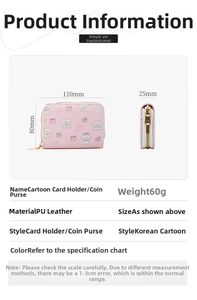 Pink PU leather card holder with cute cartoon dog print and secure zipper closure