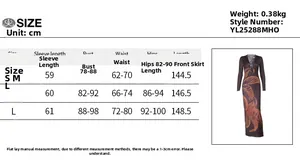 Detailed size chart for the deep V-neck hollow print long sleeve dress with measurements