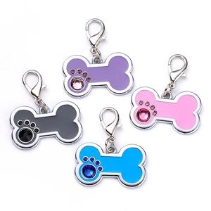 Bone-shaped zinc alloy pet ID tags with colorful rhinestones and lobster clasp
