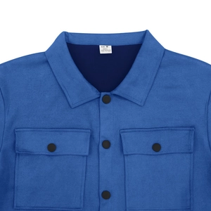 Detail view of blue faux suede jacket collar with size M label on white background