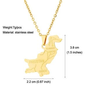 Detailed view of Pakistan map pendant with city names in gold stainless steel