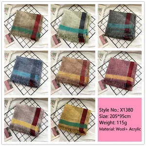 Retro Morandi color block wool blend scarf with fringe tassels for women in winter