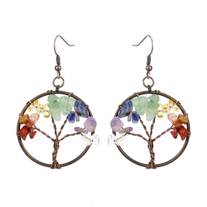 Detailed wire-wrapped Tree of Life earrings featuring colorful natural gemstone chips