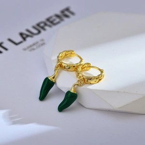 Creative chili pendant hoop earrings in gold plated brass with green enamel finish