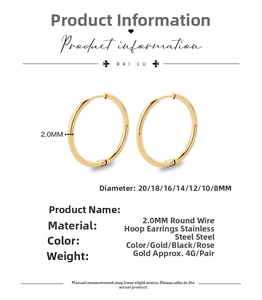 Polished stainless steel hoop earrings in gold with 2.0mm thickness and multiple sizes