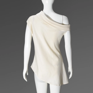 Rear view detail of cream satin one-shoulder top with asymmetric hem and zipper design