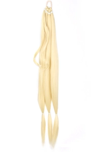 Detailed view of light blonde hair extensions with smooth texture and three-part sectioning