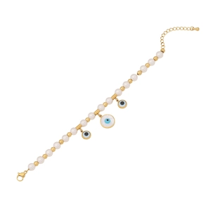Fashionable pearl bracelet with evil eye charms and gold beads on stainless steel chain