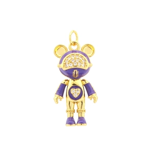 Detail view of gold bear robot pendant with purple enamel and sparkling zircon accents