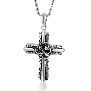 Vintage stainless steel cross pendant with relief patterns and classic twist chain