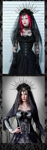 Detail of Gothic bridal crown with black roses, spikes, and lace veil for Halloween