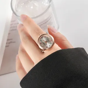 Rose gold ring watch with colorful rhinestone dial and quartz movement for women