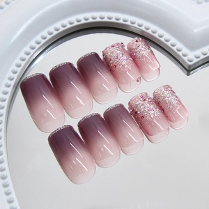 French taro purple gradient press-on nails with fine glitter and a glossy finish
